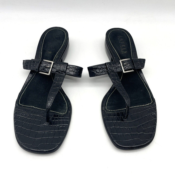 Vintage 90s Lauren Ralph Lauren DONCIA Black Croc Leather Buckle Sandals 7.5B - Picture 3 of 16